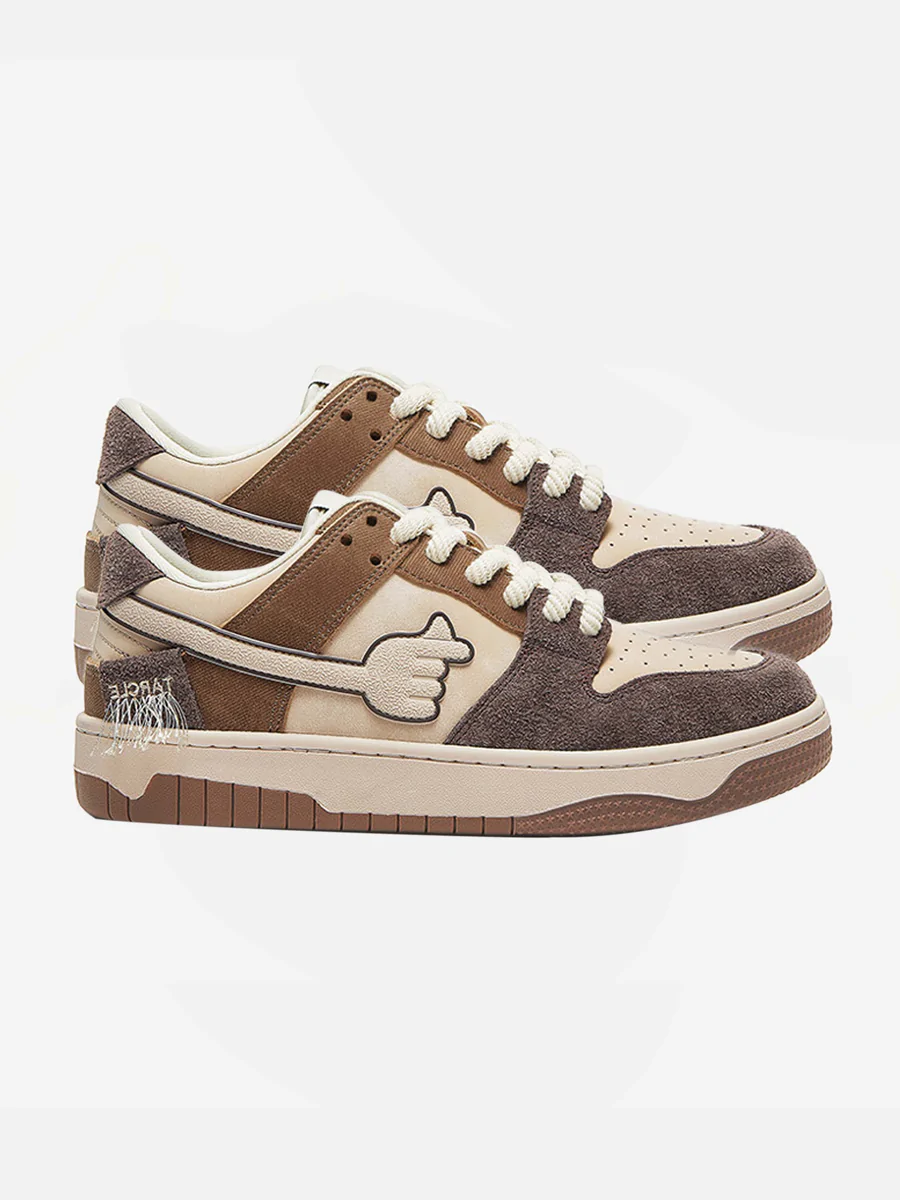 Low Top Leather, Suede, and Canvas Sneaker in Brown and Cream Drip Locker Global