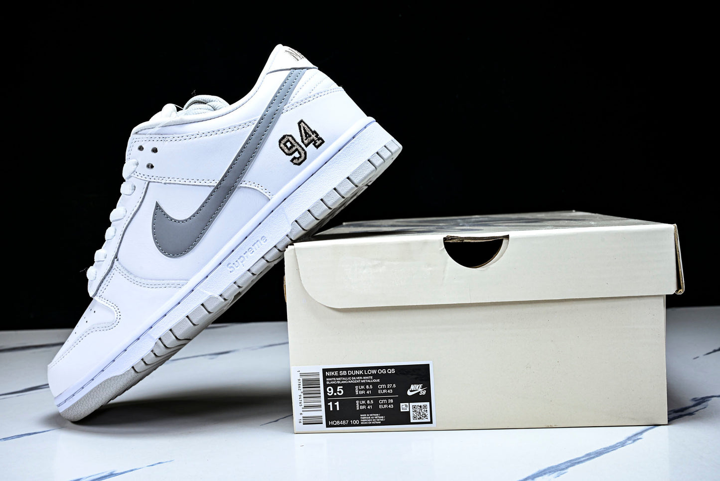 SB Dnk Low x Supreme 94 White Metallic Silver